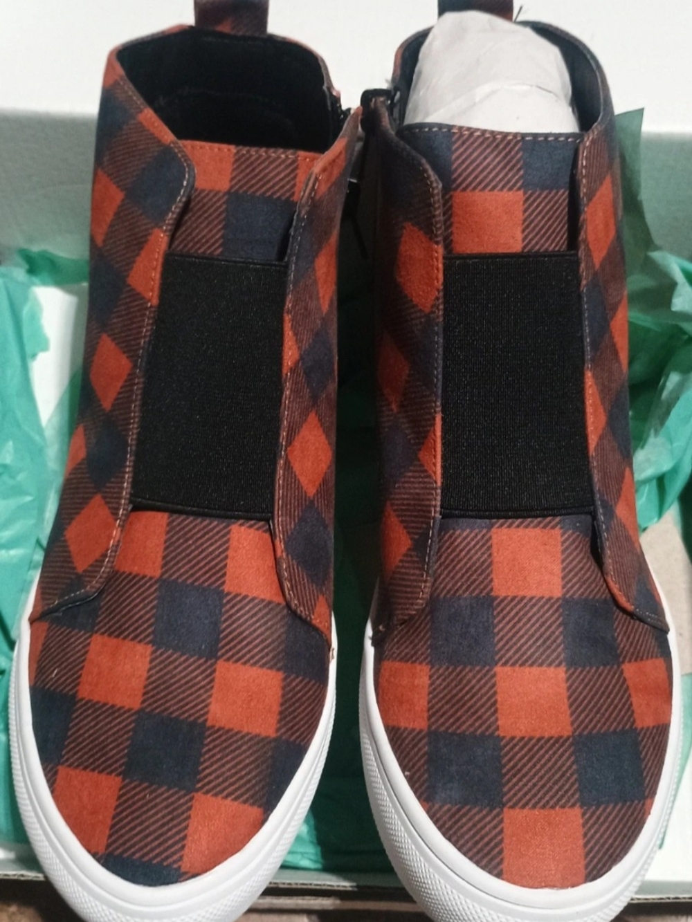 Women's Crazy Train Buffalo Plaid Slip-On Sneakers in Orange and Black Size 8